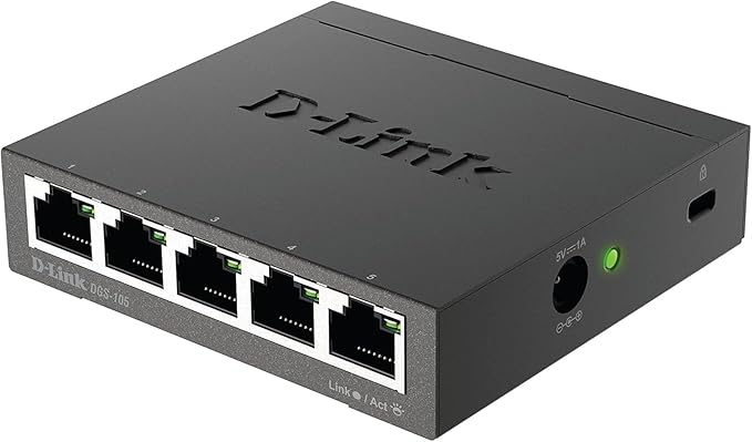 D-Link Ethernet Switch, 5 Port Gigabit Unmanaged Metal Desktop Plug and Play Compact (DGS-105),Black
