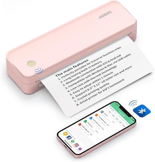 JADENS Pink Bluetooth Thermal Printer, Support 8.5" X 11" US Letter, Portable Printers Wireless for Travel, Inkless Printer Compatible with iOS, Android, Mobile Printer for Home, Office, School