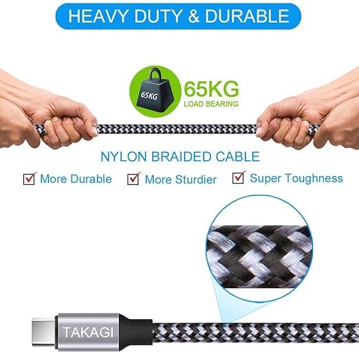 TAKAGI USB to USB C Cable (3Pack 6ft) USB A to Type C Cable Fast Charging Nylon Braided Data Sync Transfer Cord USB C Charger for iPhone 17 Pro Max/17 Air/16e/16 15 Pro/15 Plus/Galaxy S20 S10 Note 20