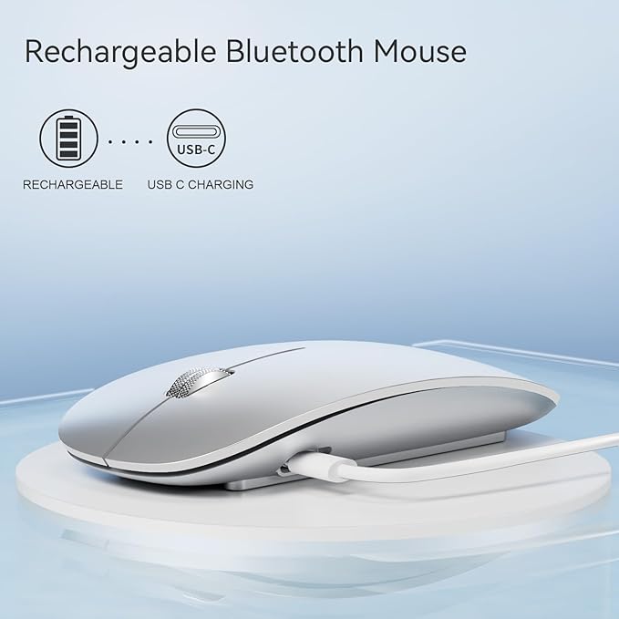TENMOS M18 Bluetooth Mouse, USB C Rechargeable Wireless Mouse, Triple Mode (Dual Bluetooth+USB) Computer Silent Mice Portable with USB Receiver and Type C Adapter for Laptop/MacBook/iPad/PC - Silver