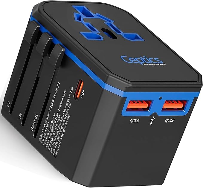 Ceptics International Power Adapter, World Travel adapter w/ PD 30W USB-C - 2 USB-A Ports Universal Adapter, Type A C G I Output for worldwide use, UP-10KU