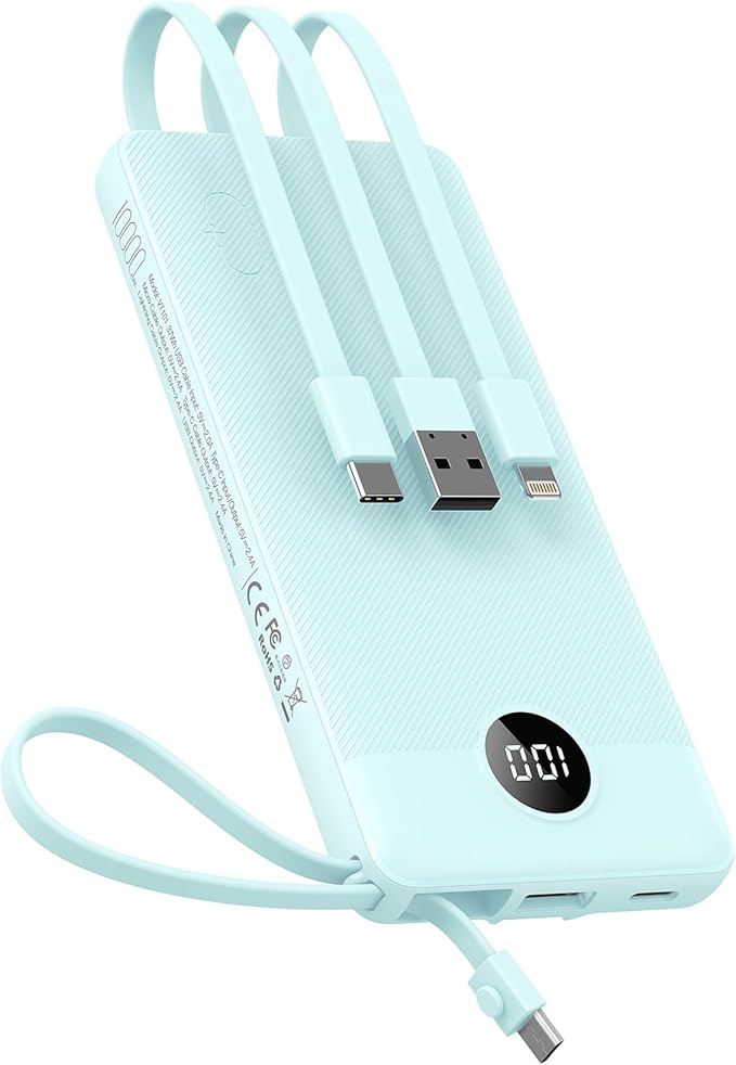 VEEKTOMX Portable Charger Built-in Cables, 10000mAh Power Bank for iPhone, Fast Charge USB C Battery Pack Travel Essentials Powerbank Compatible with iPhone 17/16/15/14, Samsung S25/24, Android, etc