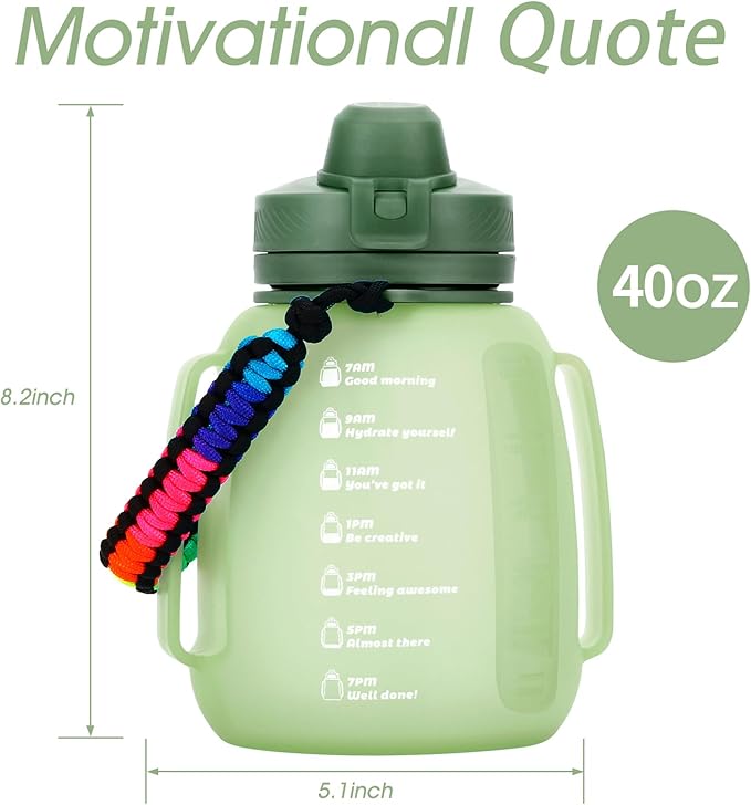 TakeToday 40 OZ Motivational Water Bottle with Straw and Paracord Handle 1.2L Silicone Sports Water Bottle with Time Marker(Green)