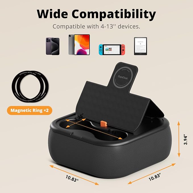 Magnetic Tablet Pillow Stand, Lap Tablet Holder with Two Magnetic Rings, Compatible with 4-13" Phones, Tablets, Kindle, Cozy Pillow Stand for Lap, Desk, Bed, Black