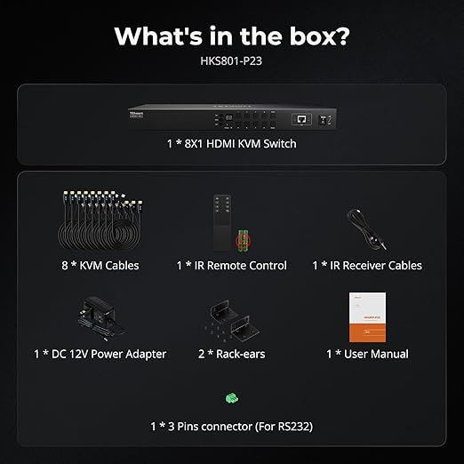 TESmart USB 3.0 HDMI KVM Switch 8 Port 4K@60Hz, 8X1 Rackmount KVM Enterprise-Grade EDID Emulator | Hotkey Switch | RS232 | LAN Port | IR Remote | IP Control | Auto Scan | with 8 Pcs 5ft KVM Cable