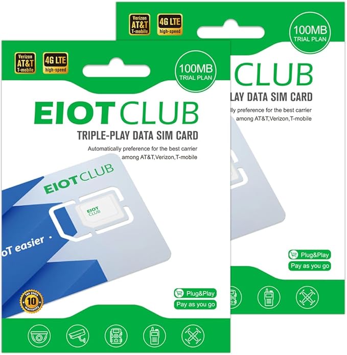 (2 Pack) EIOTCLUB Prepaid SIM Card, 4G LTE SIM Support for Verizon, AT&T and T-Mobile in The USA, Data Only SIM Card for Security Camera Trail Camera Router WiFi Hotspot Unlocked Device, No Contract