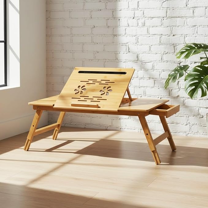 WoodNest -Bamboo Lap Desk, Laptop Desk, Portable Workstation, Adjustable Height Angle, Foldable Tray for Couch Bed Floor, Drawer with Magnetic Closure, Mouse Pad, Phone Slot, Leather Handle.
