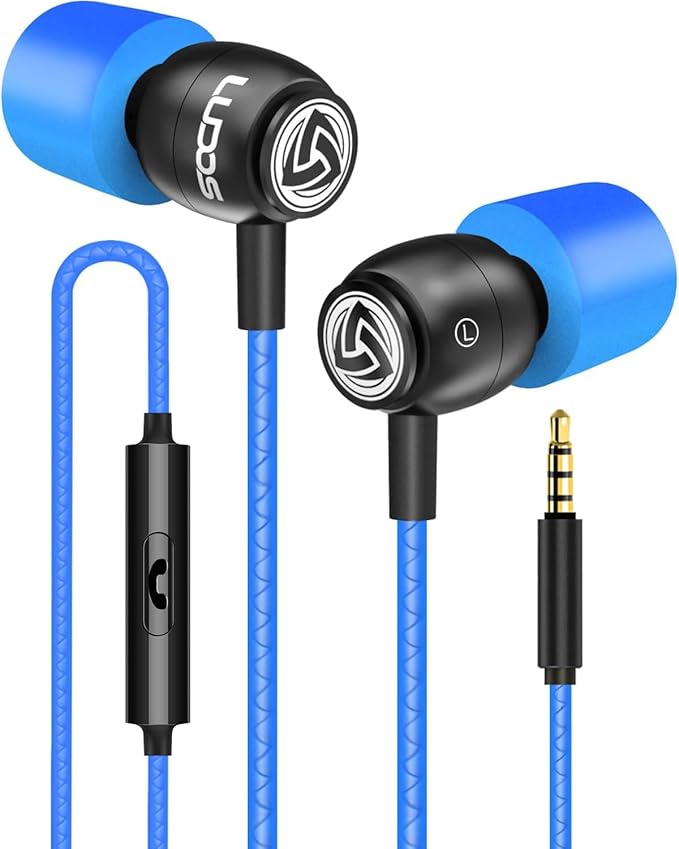 LUDOS Clamor Wired Earbuds in-Ear Headphones, 5 Years Warranty, Earphones with Microphone, Noise Isolating Ear Buds, Memory Foam for iPhone, Samsung, School Students, Kids, Women, Small Ears - Blue
