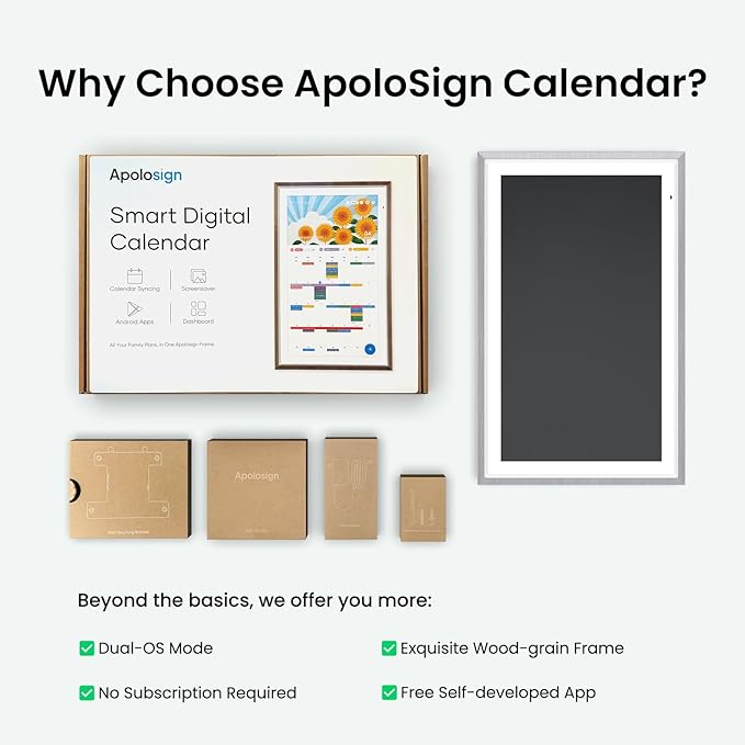 ApoloSign 21.5-inch Digital Calendar: Dual Mode Calendar with Google Play & Multi-calendar Sync, Electronic Planner & Chore Chart, Smart Touchscreen, Interactive Display for Family Schedules (Gray Wood, 21.5")