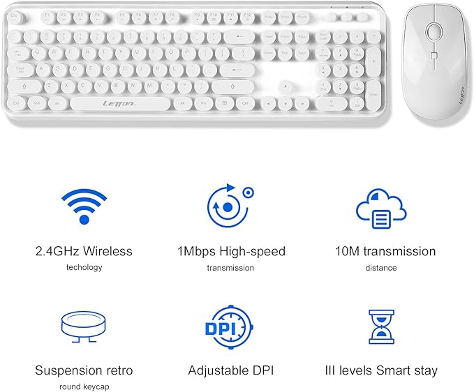 Wireless Keyboard Mouse Combo, 2.4GHz White Wireless Keyboard Typewriter, Letton Full Size Office Computer Retro Keyboard and Optical Cute Mouse with 3 DPI for Mac PC Desktop Laptop