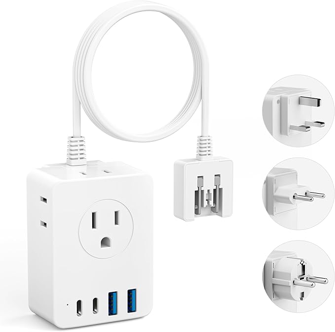 European Travel Plug Adapter, 5ft Detachable Extension Cord with Type C/G/E/F Plug Kit, 4 AC Outlets, 4 USB Ports (2 USB C), UK Germay France Greece Travel Plug Adapter
