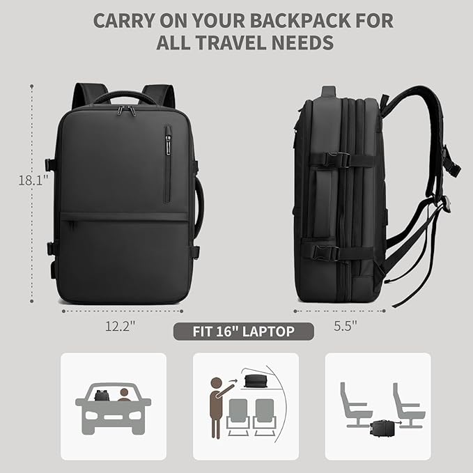 Travel Backpack for Men Women, Expandable Backpacks with Charging Port for Business Work Commute Casual, Black