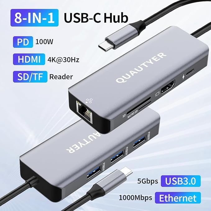 USB C Docking Station MAC Adapter Multiport usb c to ethernet adapter USBC Multiport 8 in 1 usb c hub with ethernet 1000M 4K HDMI 100W PD Charging USB 3.0 SD/TF Card Reader usbc hub for macbook pro HP
