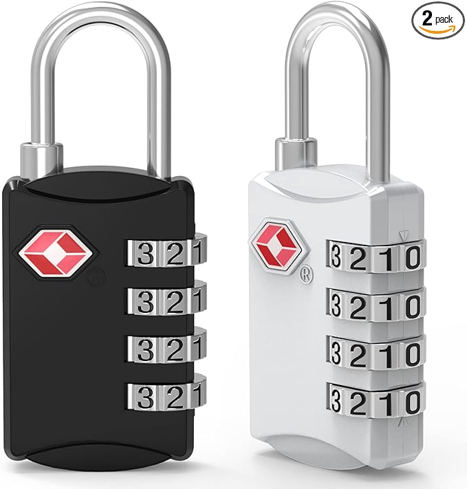 2 Pack 4 Digit TSA Luggage Locks, Diyife Outdoor Waterproof Padlock, Combination Lock for Backpack, Locker, Gate, Toolbox, High-Strength Zinc Alloy Steel - Black & White