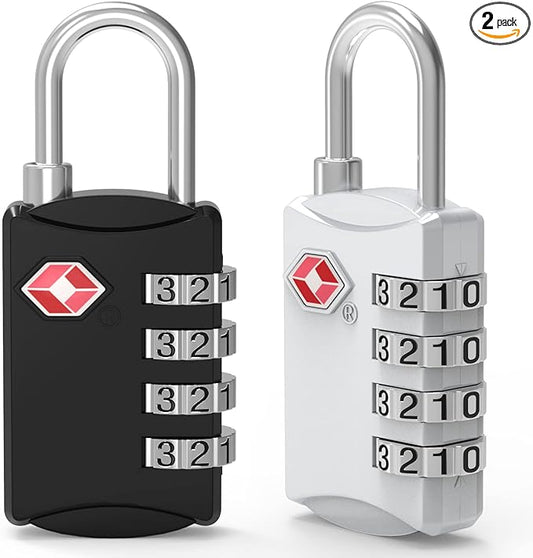2 Pack 4 Digit TSA Luggage Locks, Diyife Outdoor Waterproof Padlock, Combination Lock for Backpack, Locker, Gate, Toolbox, High-Strength Zinc Alloy Steel - Black & White