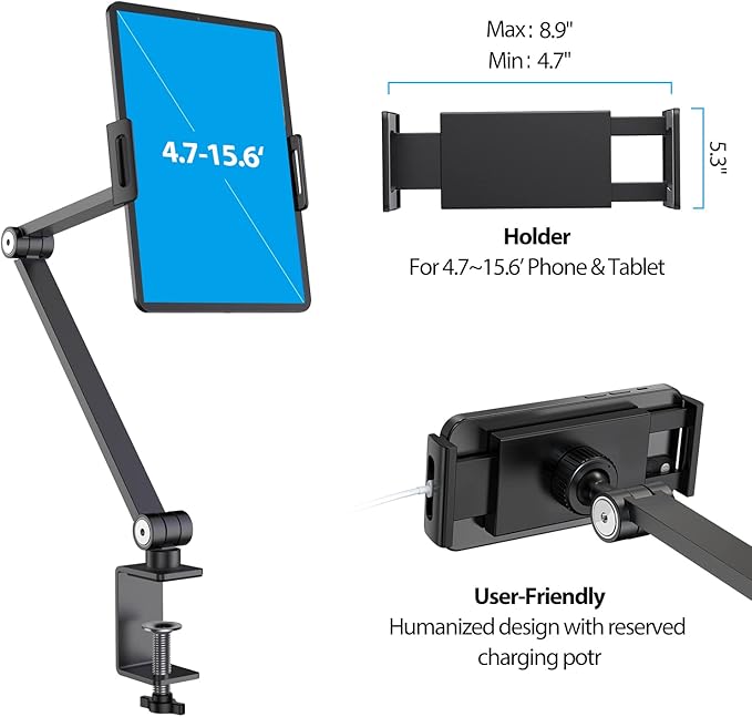 BEWISER iPad Desk Mount, Tablet Holder for Desk or Bed,Rotate 360 Degrees of Flexible, Height and Angle Adjustable, Aluminium Alloy Arm Clamp Mount Compatible with4.7-15.6" Screen (Space Gray)
