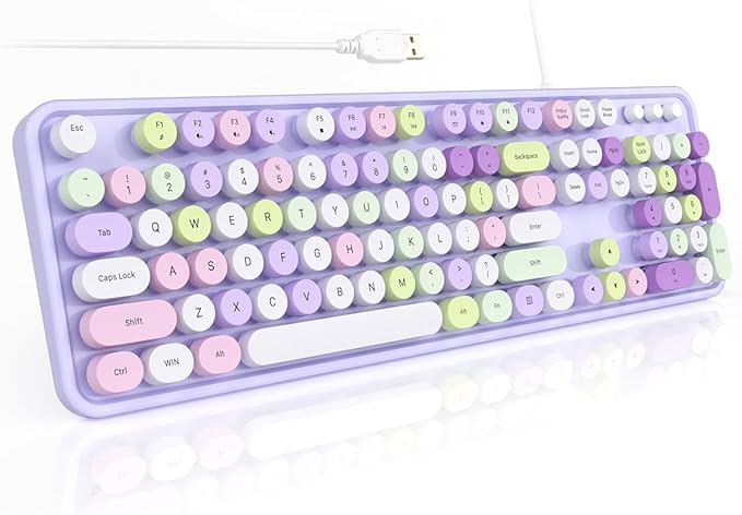 Colorful Computer Keyboards Wired, USB Plug and Play Full Size Typewriter Keyboard, Cute Aesthetic Keyboard with Foldable Stands for Windows PC Laptop (Purple)