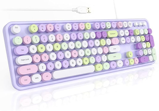 Colorful Computer Keyboards Wired, USB Plug and Play Full Size Typewriter Keyboard, Cute Aesthetic Keyboard with Foldable Stands for Windows PC Laptop (Purple)