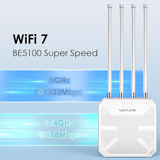 WAVLINK WiFi 7 BE5100 Outdoor WiFi Extender, Dual Band Long-Range Outdoor WiFi Repeater|Access Point|Mesh Router, POE Powered | IP67 Waterproof | 4 x 8dBi Antennas, 2.5 Gbps Ethernet, Up to 2800 sq.ft
