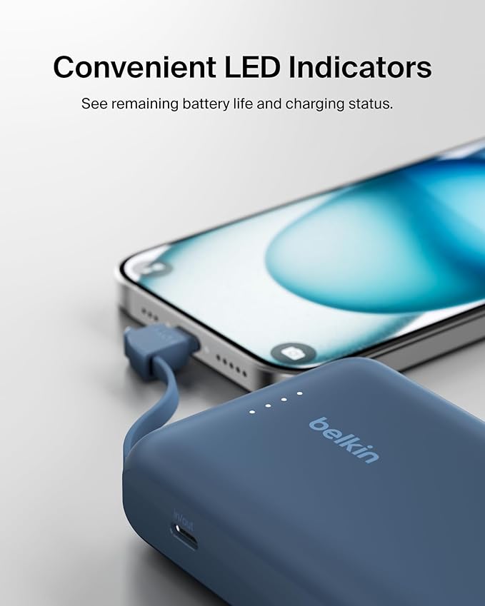 Belkin Portable Charger, Portable Power Bank with Integrated Cable 10000 mAh 20W - Fast Charge USB C Power Delivery, iPhone Charger - iPhone 17, Air, Pro, Pro Max, iPad, Galaxy S25, & More - Blue