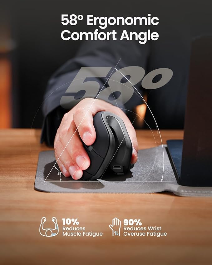 ProtoArc Ergonomic Vertical Mouse, EM11 NL Rechargeable Wireless Mouse Bluetooth, Ergo Mice with 3 Multi-Device for PC/Notebook/Laptop, 2.4GHz Optical Mice for Windows, Mac OS, Gray