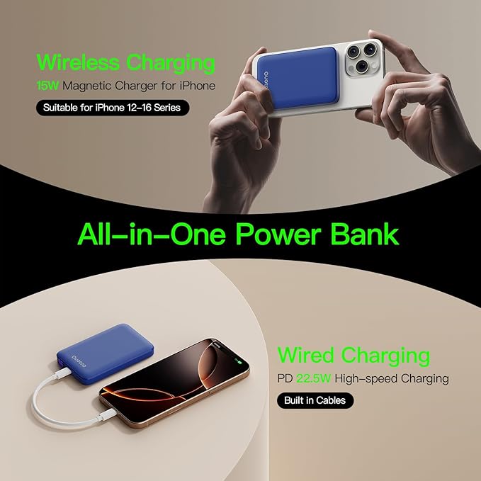 2025 Magnetic 15W Power Bank for iPhone,5000mAh Magsafe Battery Pack with 20w Fast Charging,Slim Magsafe Power Bank in&Out,with LED Display,Wireless Portable Charger for iPhone 16/15/14/13/12 Series