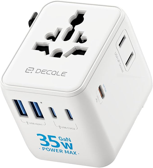 Universal Travel Adapter, International Travel Plug Adapter with 3 USB-C ＆ 2 USB-A Ports 35W, All in One Portable Socket, for USA, UK, EU, AU ＆ 224+ Countries (White)