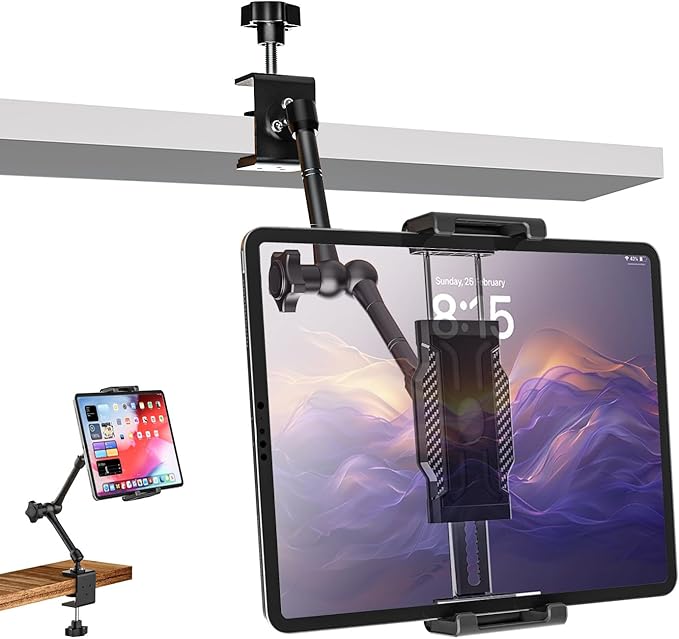 Desk Kitchen Tablet Holder [Suitable for Tabletop & Cabinet] Adjustable Metal Arm Cupboard Tablet Mount Stand for iPad Pro 12.9 Air Mini, Galaxy Tab Ultra, Switch, 6-14.6" Devices