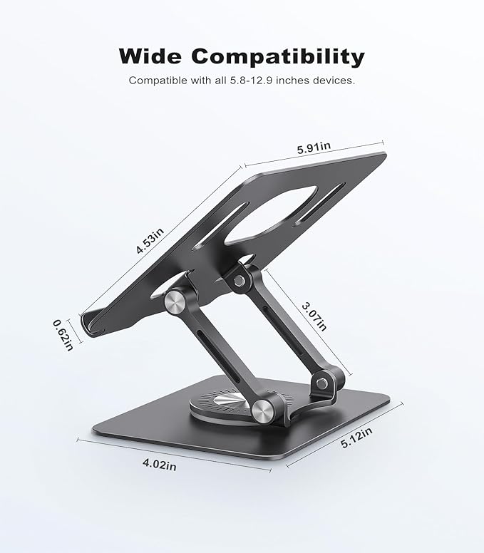 Swivel Tablet Stand with 360 Rotating Base, Adjustable Holder for Drawing, Compatible with iPad Pro/Air/Mini and More (Black)