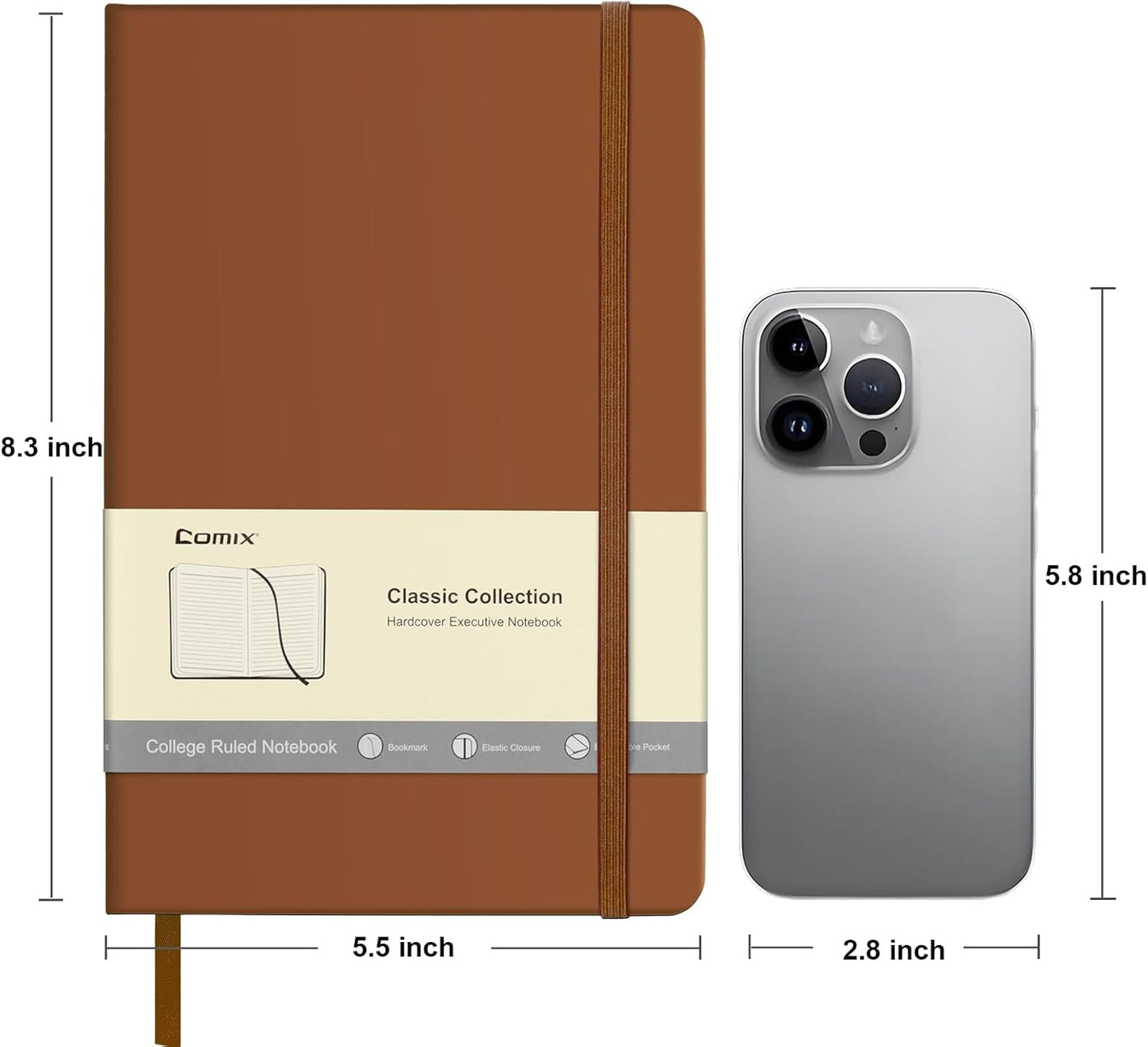 Comix Lined Journal Notebook for Women Men, Journaling Notebooks for Office School Home, Brown, 240 Pages, 5.5" x 8.3", College Ruled, A5, Hardcover