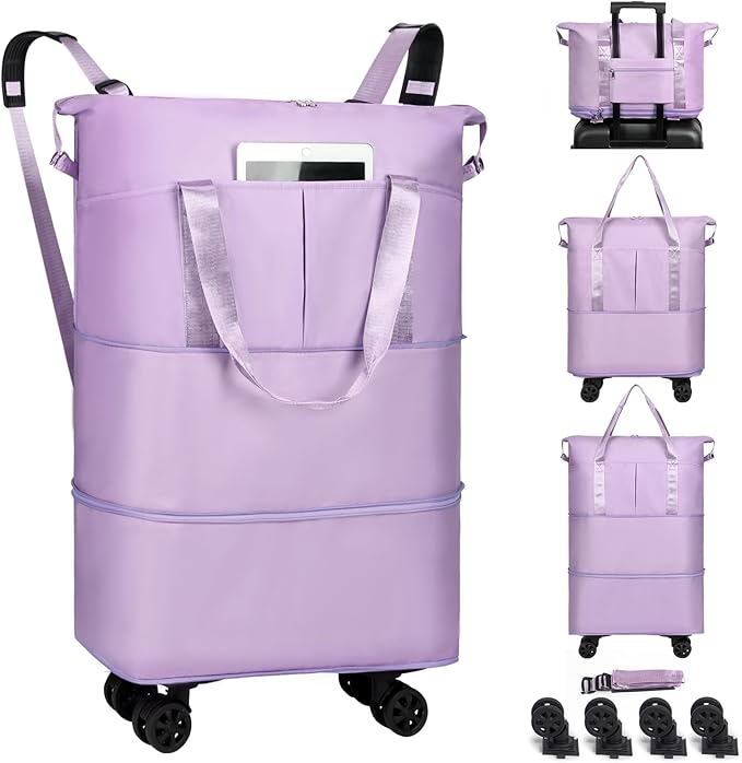 VOOWO Duffel Bag with Wheels - Rolling Foldable Expandable Duffle Bag with Wheels for Travel, Rolling Luggage Bag Carry On Travel Bag with Wheels, Large Wheeled Overnight Weekender Bag (Light Purple)