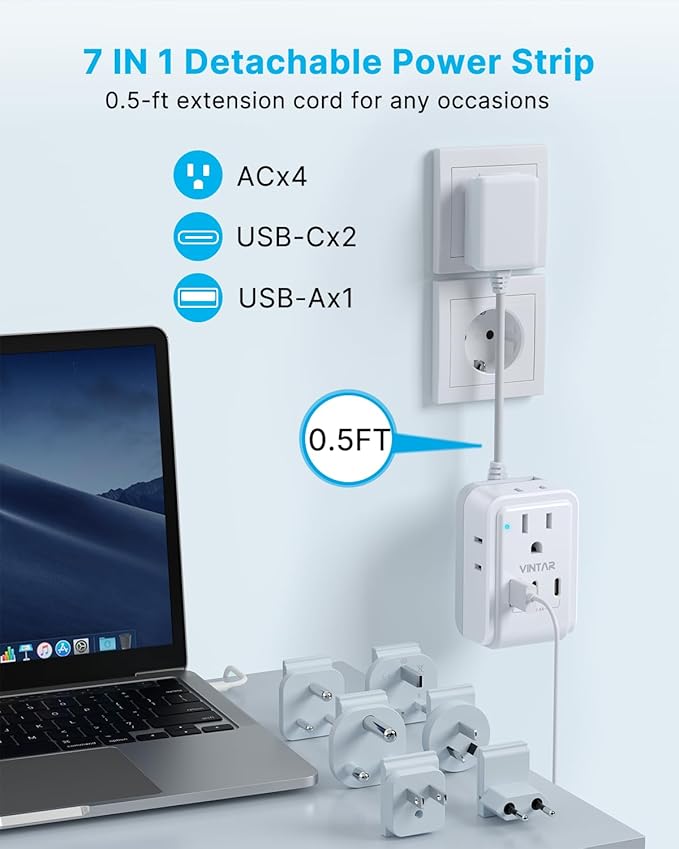 VINTAR Universal Travel Adapter Kit, 0.5ft Detachable Extension Cord with 4 AC Outlets & 3 USB(2 USB C), Type A/C/G/D/I/M International Power Adaptor for US to Europe UK India South Africa Japan
