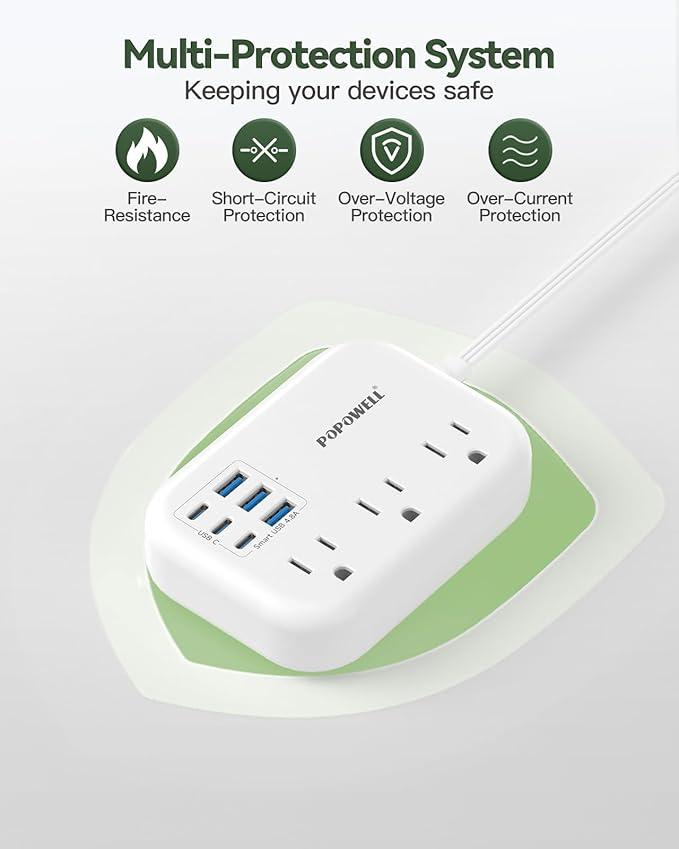 6 USB Power Strip- Travel Power Strip with 3 Outlets and 6 USB(3 USB C) 24W/4.8A Charging Ports for iPhone 15, 3 FT Small Extension Cord, Slim Flat Plug for Cruise Ship Essential, Office Dorm, White.