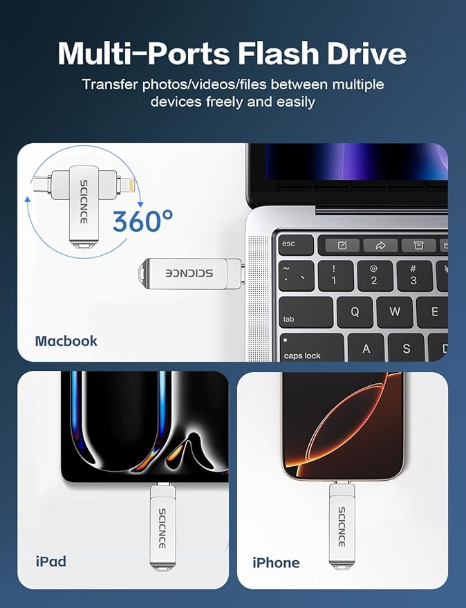 SCICNCE 512GB Flash Drive Intended for iPhone, USB Memory Stick Storage Backup for Photos Videos, Plug and Play No APP Required, Compatible with iPhone iPad Android and Computers (Metal Silver)