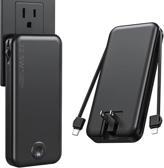 Portable Charger with Built in Cable and AC Wall Plug, USB C Power Bank 12000mAh 22.5W Super Fast Charging, Lightweight Portable Phone Charger Travel Battery Pack for iPhone, ect