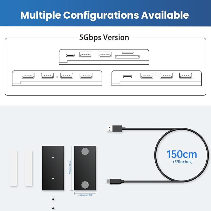 EJAY 10Gbps Magnetic USB-C Hub, 4-Port USB 3.2 Gen2 Data Transfer, Includes Sliding Rail, Screws and Sticky Pads for MacBook Laptop PC, Black