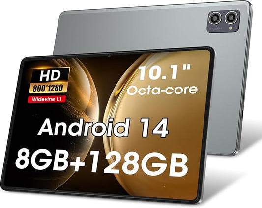 2025 Upgraded Android 14 Tablets, 10.1 inch Tablet Octa-core CPU‌ with 8 Arm Cortex-A55 Processors 8GB RAM 128GB ROM IPS Touchscreen, Wi-Fi 6, BT 5.0, Dual Camera, 6000mAh Battery