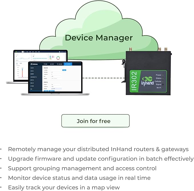 InHand Networks IR302 Industrial IoT 4G LTE VPN Cellular Router, LTE Cat 4+ Wi-Fi, Dual sim Card Slots, Management by Cloud Platform, DI/DO Port, Support T-Mobile, AT&T & Verizon, UL Certification