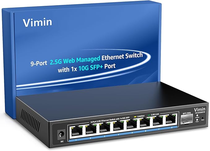 8 Port 2.5G Web Managed Ethernet Switch with 10G SFP, VIMIN 9 Port 2.5G Smart Network Switch Managed 60Gbps Switching Capacity, Support Vlan/QoS/IGMP/Static Aggregation, Desktop/Wall-Mount, Fanless