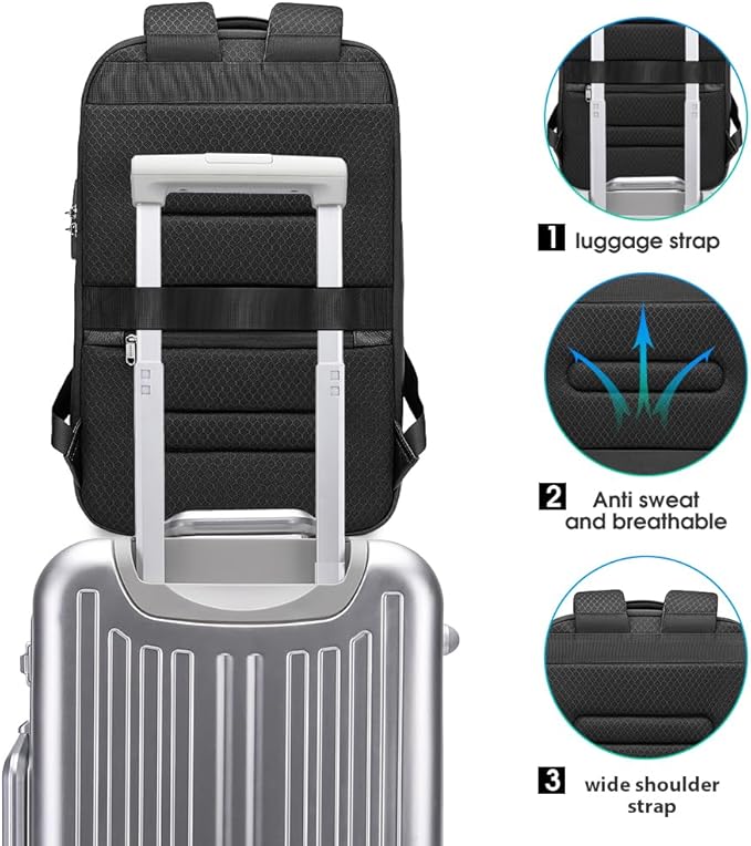 BANGE Black Genuine Leather Laptop Backpack for Men，Anti Theft Business Backpack with USB3.0 Charging Port, Smart Professional Lightweight Travel Backpacks for 15.6 Inch Laptop…