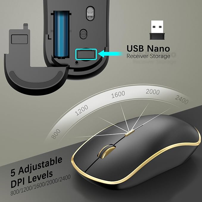 JOYACCESS Black Gold Wireless Keyboard Mouse Combo,Ergonomic Cordless Keyboard with Adjustable Tilt,Comfortable and Quiet Mouse for Laptop,Computer,PC