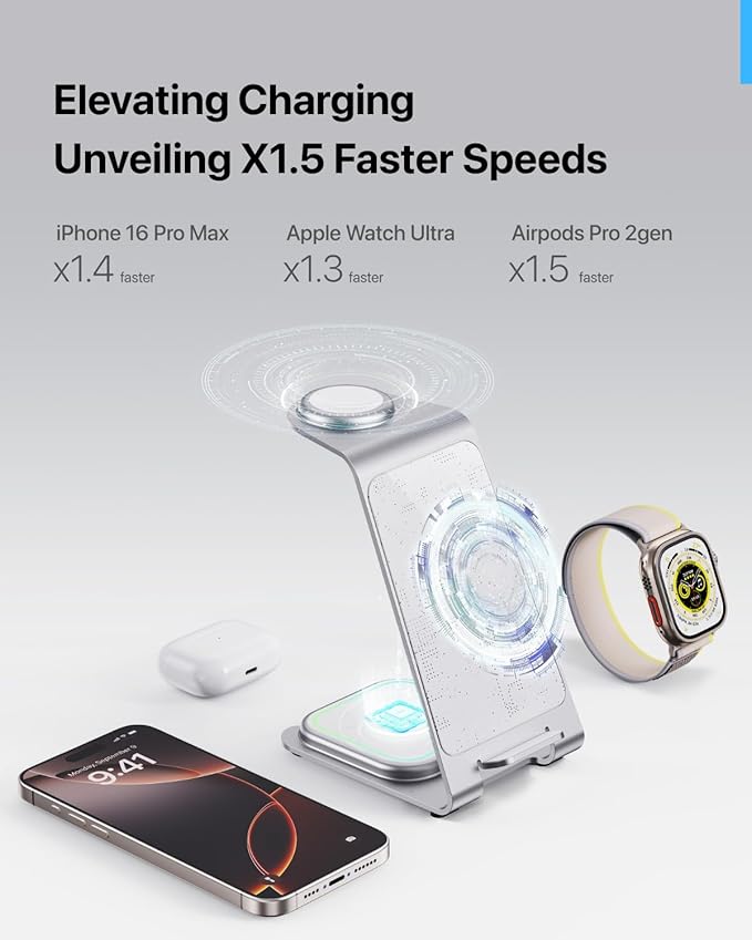 Intoval 3 in 1 Wireless Charging Station for iPhone 17 16 15 14 13 12 11 X Pro Max, Wireless Charger for Apple Watch Ultra 3 SE 9 8 7 6 5 4 3 2, for AirPods 4 Pro Pro 2 3 (Y93, Silver)