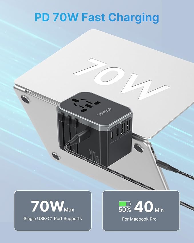 Universal Travel Adapter, VINTAR 70W GaN International Power Adapter with 5 USB Ports (3 USB-C), All-in-one Travel Essentials Plug Adaptor, Travel Adapter Worldwide for UK/EU/USA/AUS, Black