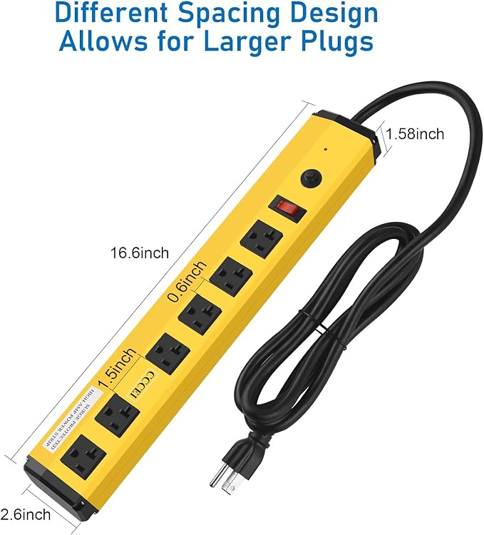 CCCEI Heavy Duty Power Strip Surge Protector 20 Amp, High Amp Industrial Shop Garage Metal Multiple Outlets, 6 FT 12 Gauge 5-15P Extension Cord 6 Outlet 6-20R T-Slot 20a for Appliance, Yellow.