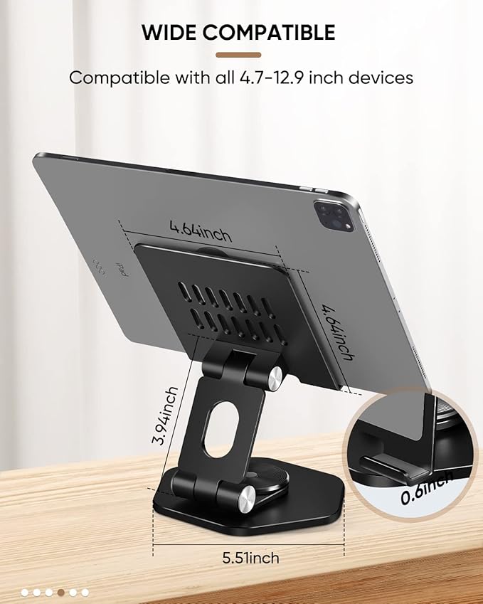 Foldable Aluminum Tablet Stand for Desk, 360° Swivel iPad & Tablet Holder – Portable & Stable Desktop Mount for 5–12.9in Devices, Black