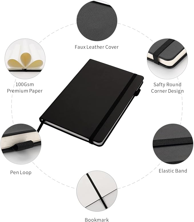 Deziliao 5 Pack Dotted Journal Notebooks with Pen Loop, Hardcover Notebook Journal for Work, 100Gsm Premium Thick Paper with Inner Pocket, Medium 5.7"x8.4", （Black）