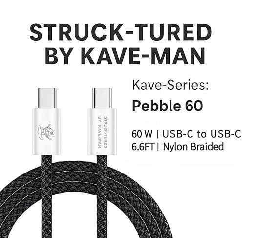 Pebble 60W USB-C to USB-C Cable – 6.6ft Black | Fast Charging, Durable Nylon Braided, Universal USB-C Compatibility (ABS Shell)