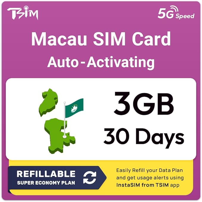 Macau SIM Card | 3GB Super Economy Refillable Plan! Auto Activating 30 Day Validity | 5G Speed + Hotspot | Data-Only No Phone Number