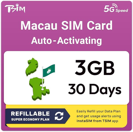 Macau SIM Card | 3GB Super Economy Refillable Plan! Auto Activating 30 Day Validity | 5G Speed + Hotspot | Data-Only No Phone Number