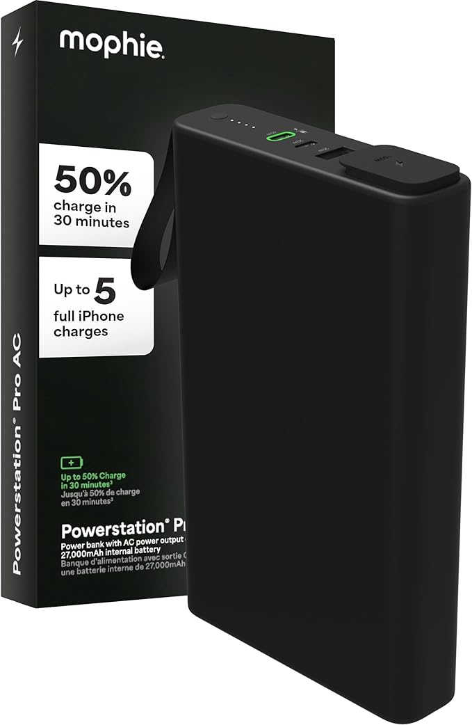 mophie powerstation pro AC (2023)-27,000 mAh External Battery compatbile With MacBook&iPad Portable PD battery with 100W of AC&60W USB-C Fast Charge integrated carry strap-USB-C cable included, Black
